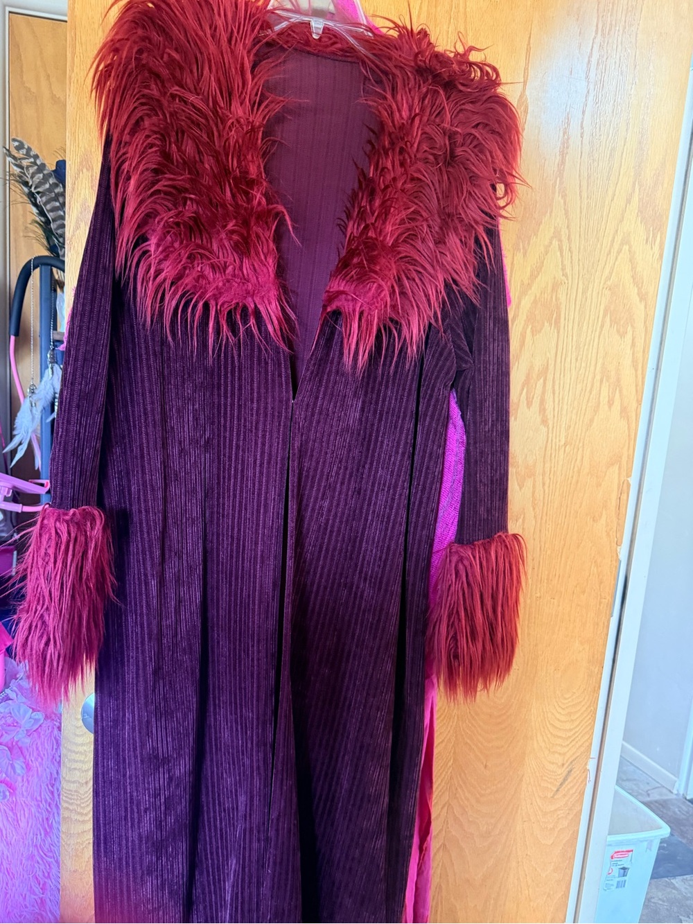 Plush Faux Fur-Trim Long Coat in Deep Wine